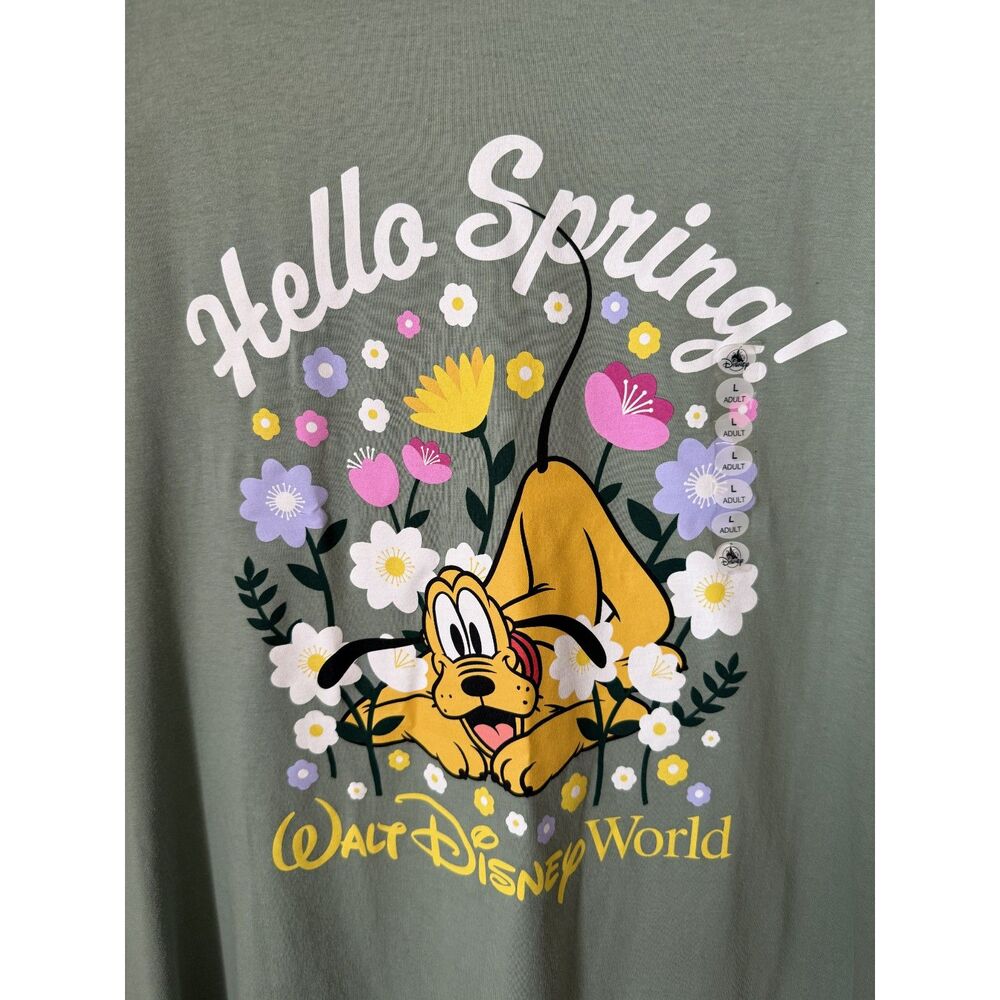 New Hello Spring Pluto Walt Disney World T-Shirt Large Green Disney Parks Tee